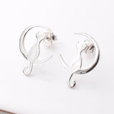 S974 - 925 silver cat and crescent stud earrings