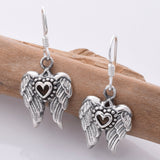 E742 - 925 Silver angel wing and heart earrings